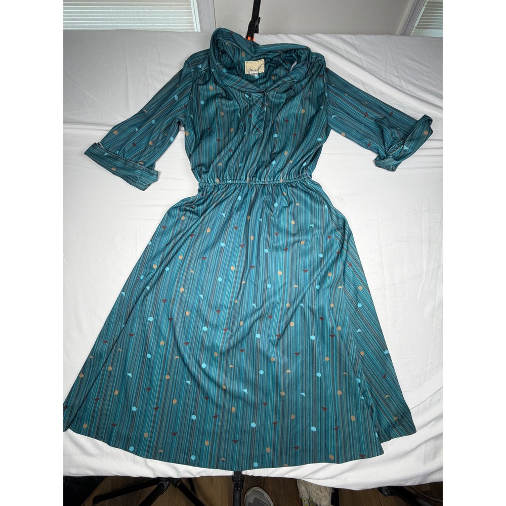 Vintage 1970 Ms Sugar TealGeometric Stripe Midi Dress Elastic Waist small/medium